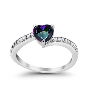 Heart Promise Ring Round Simulated Rainbow CZ 925 Sterling Silver